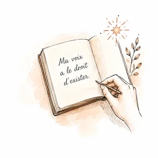 Main écrivant dans un carnet : ma voix a le droit d’exister