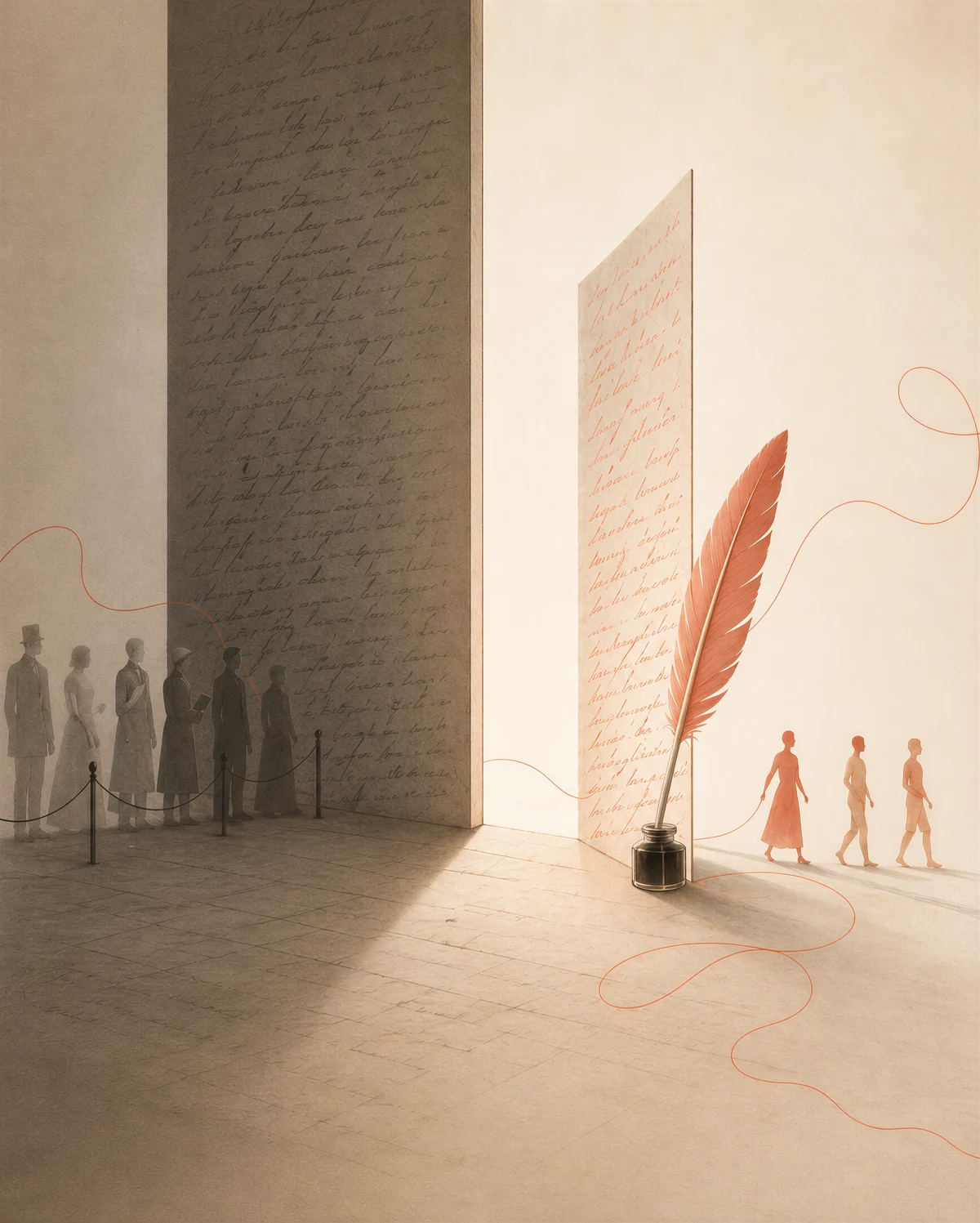 L'écriture comme passage : des silhouettes traversent un mur de texte et en ressortent transformées